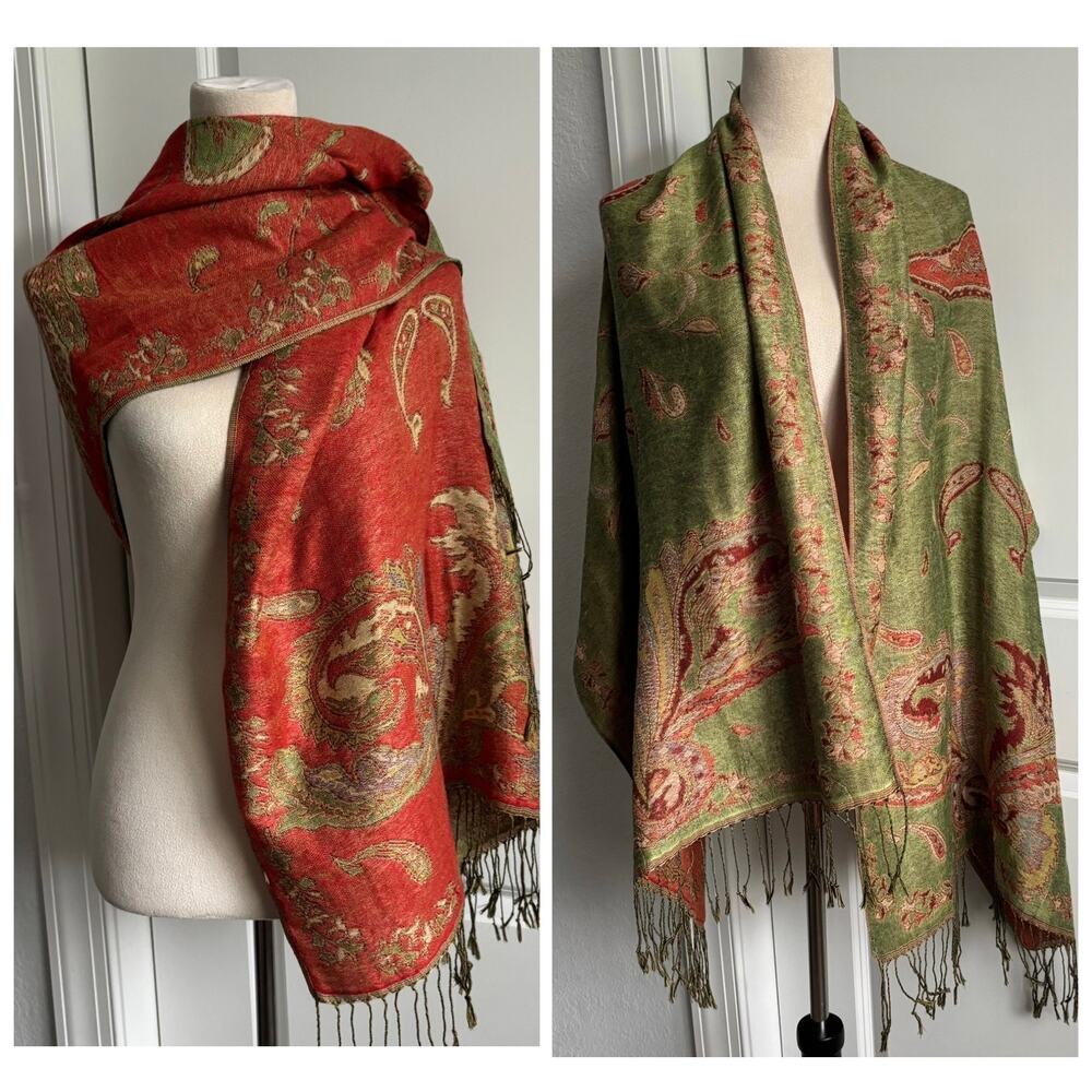 Boho Paisley Wrap Fringe Shawl Scarf Green Red Gold Reversible Pashmina Style